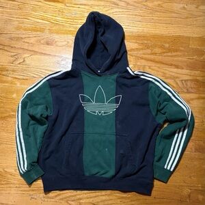 Vintage Adidas Navy Hoodie with Green Interior and White Stripe